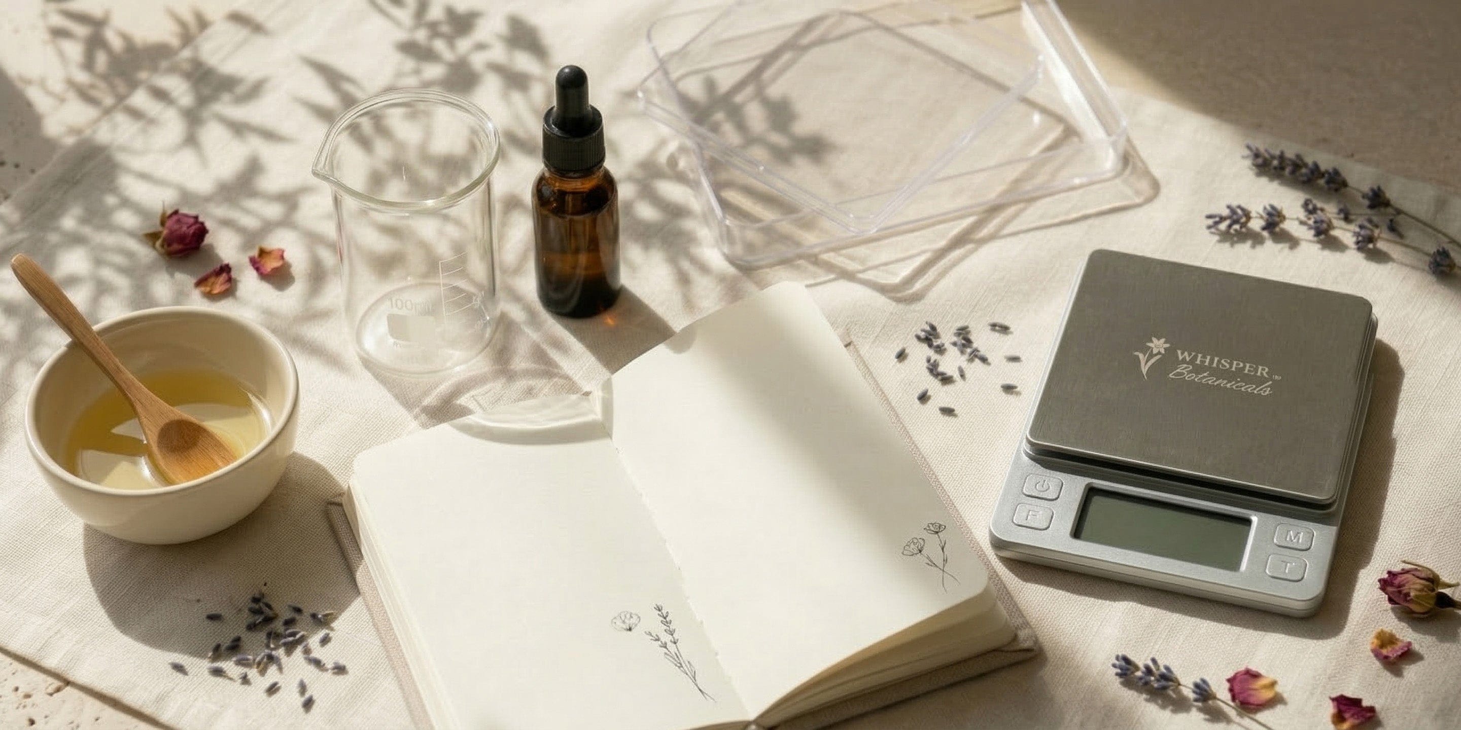 Skincare DIY making setup with a book, glass, and small scale on a linen surface.