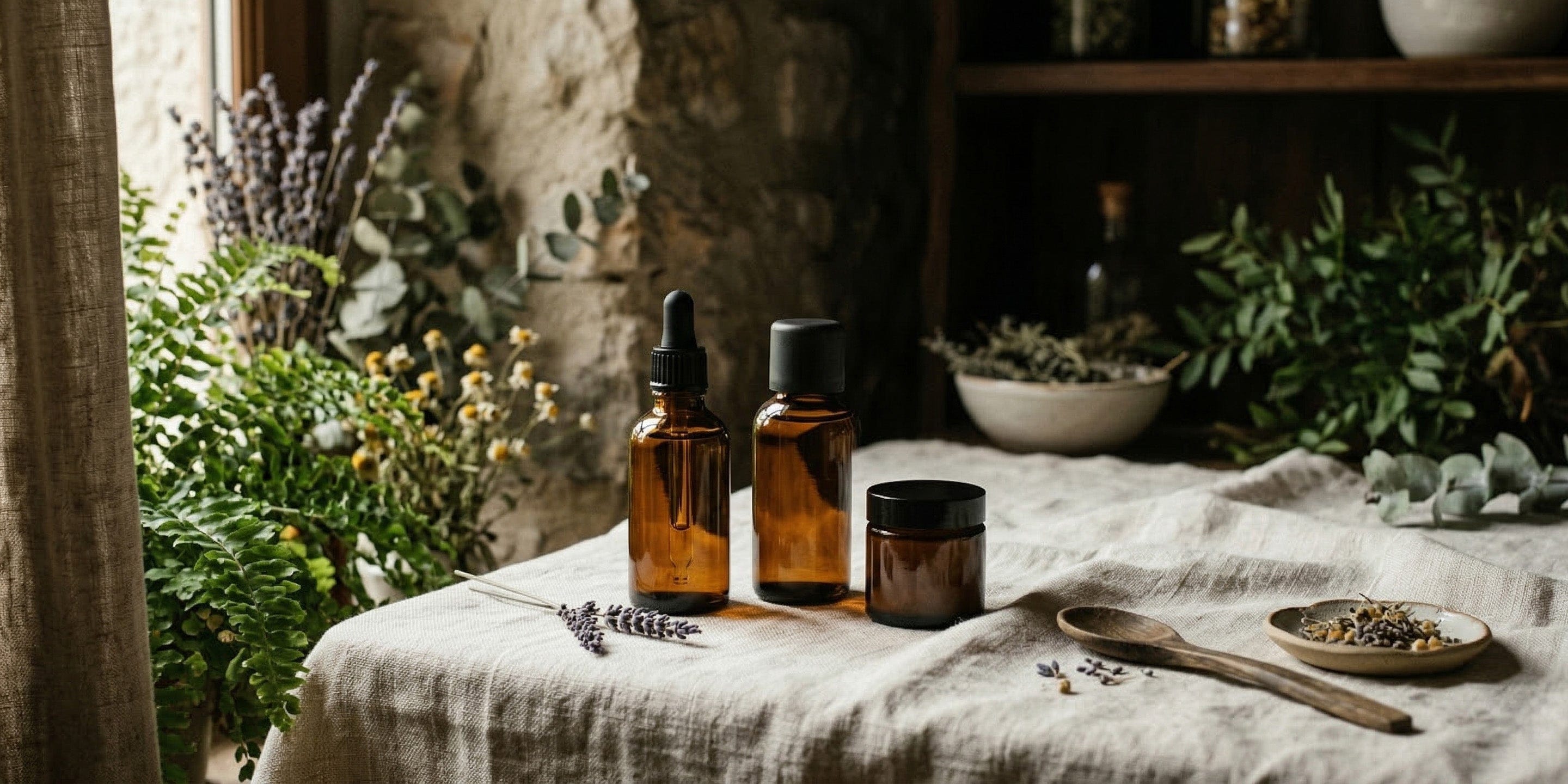 Three amber glass bottles on a rustic table with plants in the background.