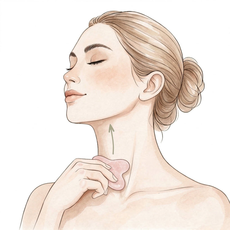 Illustration of a woman touching her neck with a pink gua sha on a light beige background.