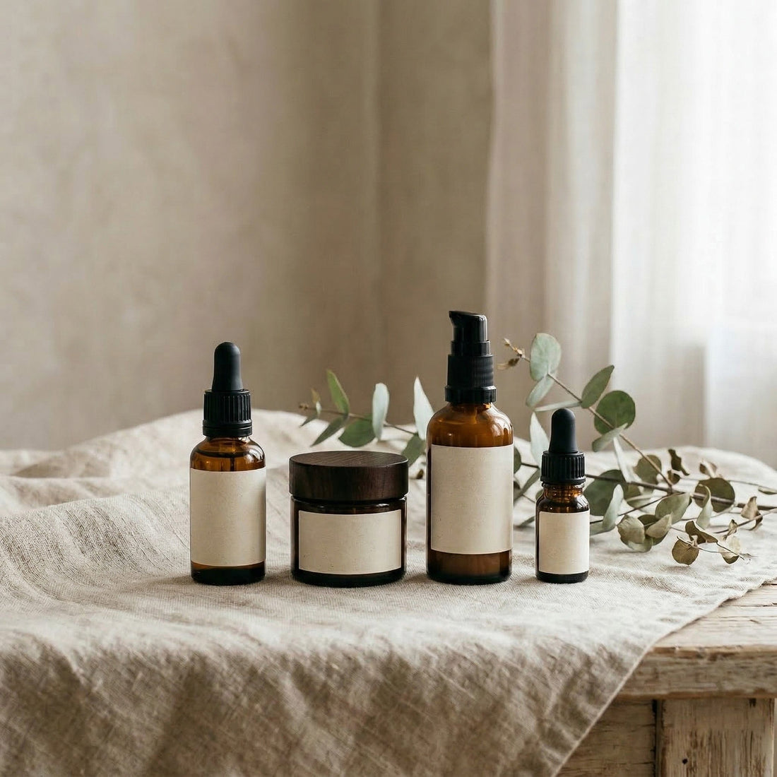 Three brown glass bottles with droppers and a small jar on a textured surface with eucalyptus leaves.