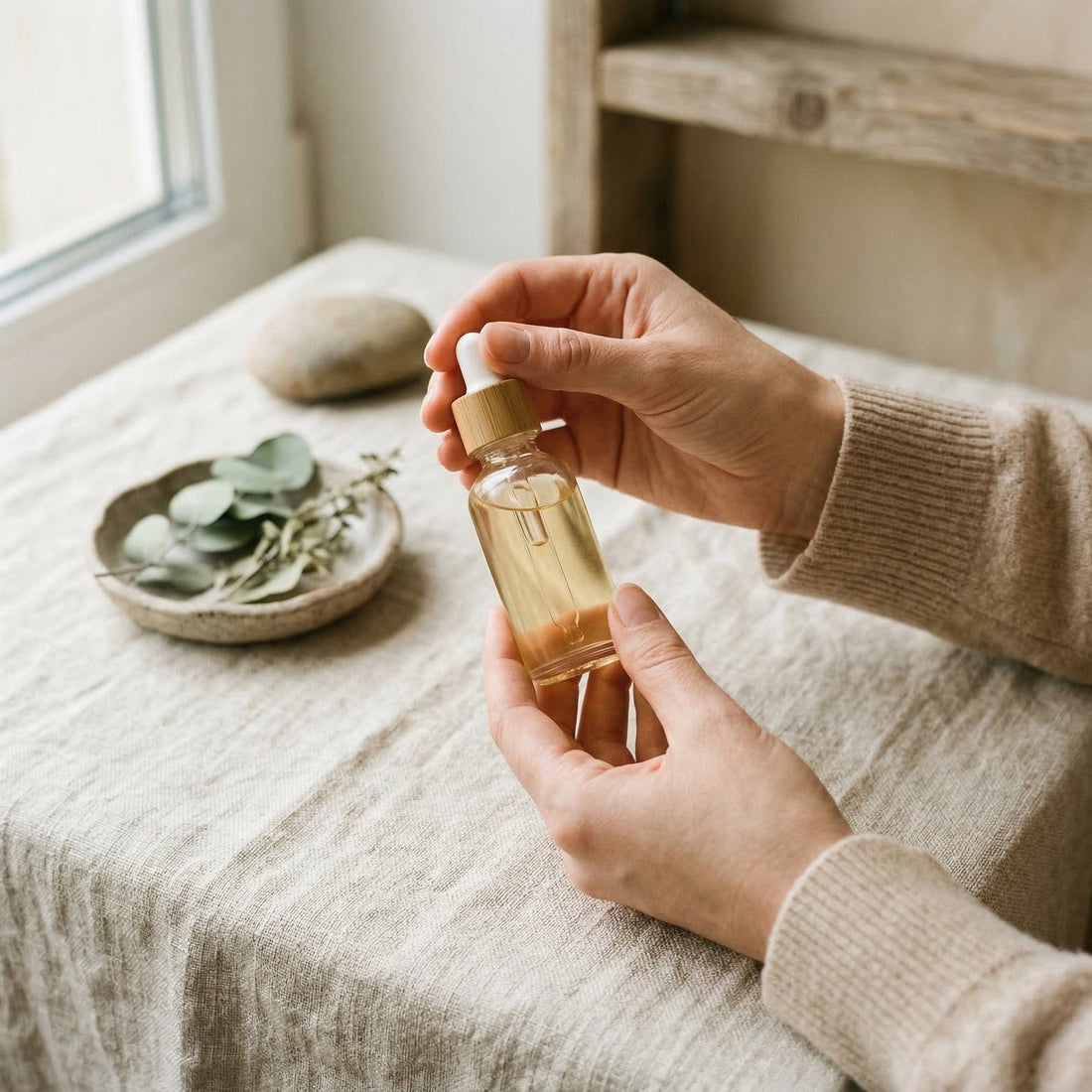 Person holding a small bottle of oil on a textured surface with a window in the background.