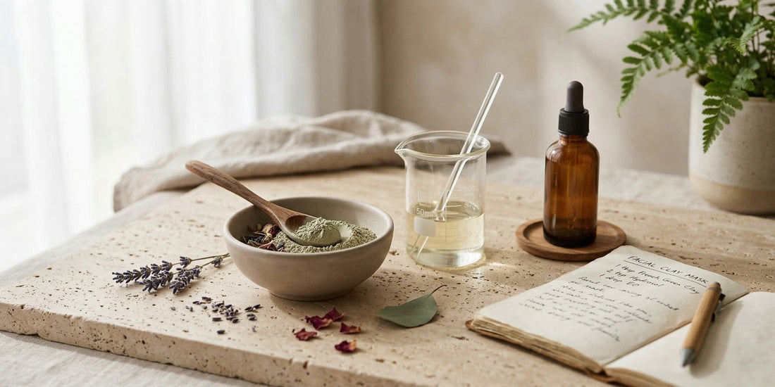 Herbal ingredients and a bottle on a wooden surface with a soft, blurred background.