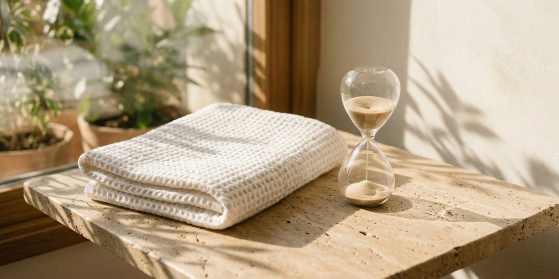 Folded blanket on a wooden table with an hourglass and plants in the background.