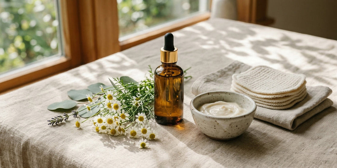Cosmetic bottle, bowl with cream, and natural elements on a textured surface with a window in the background.
