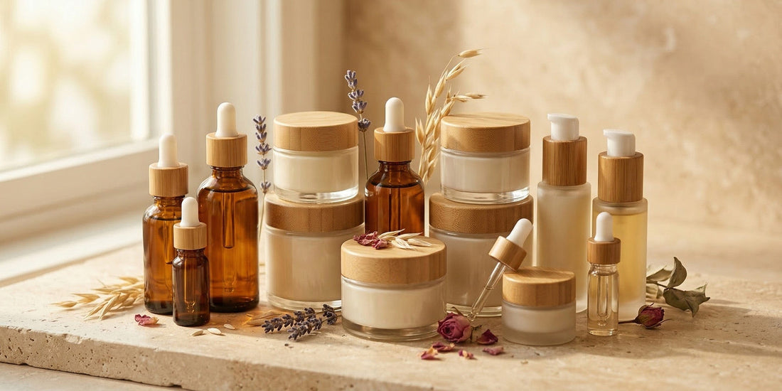 Collection of skincare products with wooden and glass containers on a neutral background.